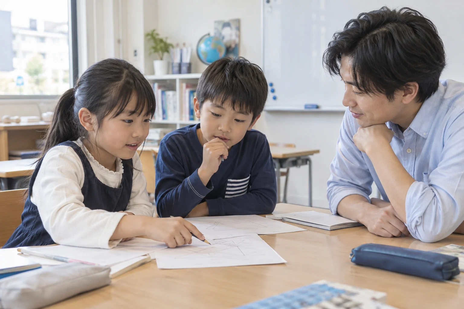 図を見ながら先生に考え方を伝える小学生の学習イメージ