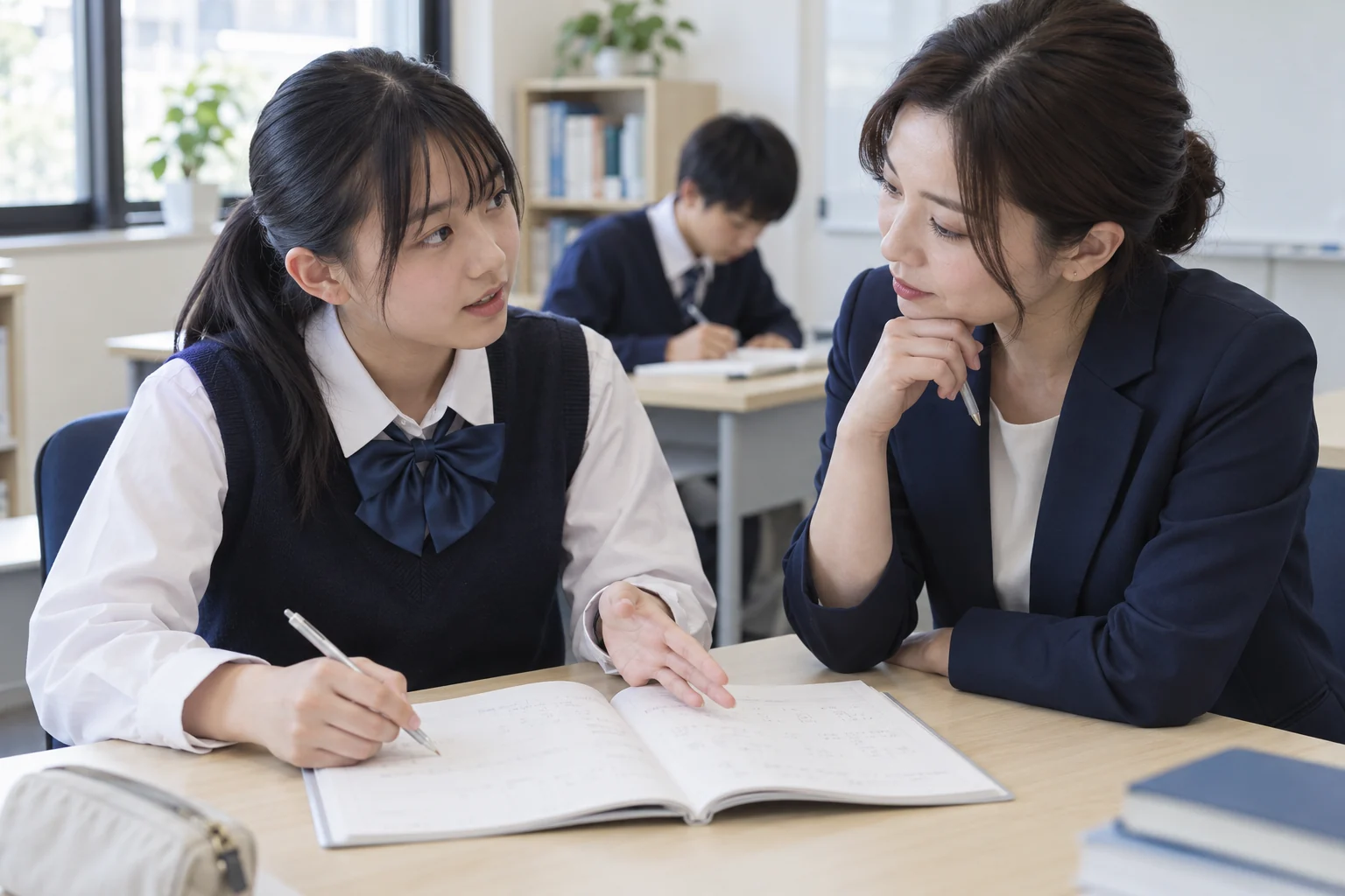 ノートを広げて先生と解き方を確かめる中学生の学習イメージ