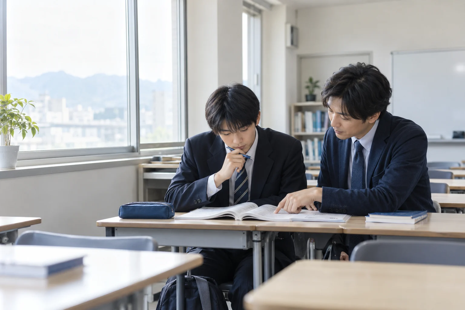 英文教材に向き合い、講師と内容を確認する高校生の学習イメージ