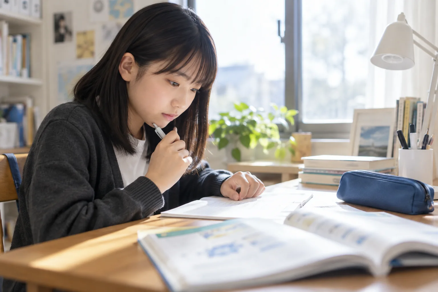 問題集とノートを見比べ、自分で考える小学生