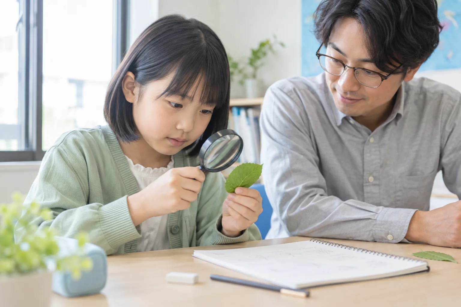 葉を虫眼鏡で観察する小学生と、見守る講師の理科学習イメージ