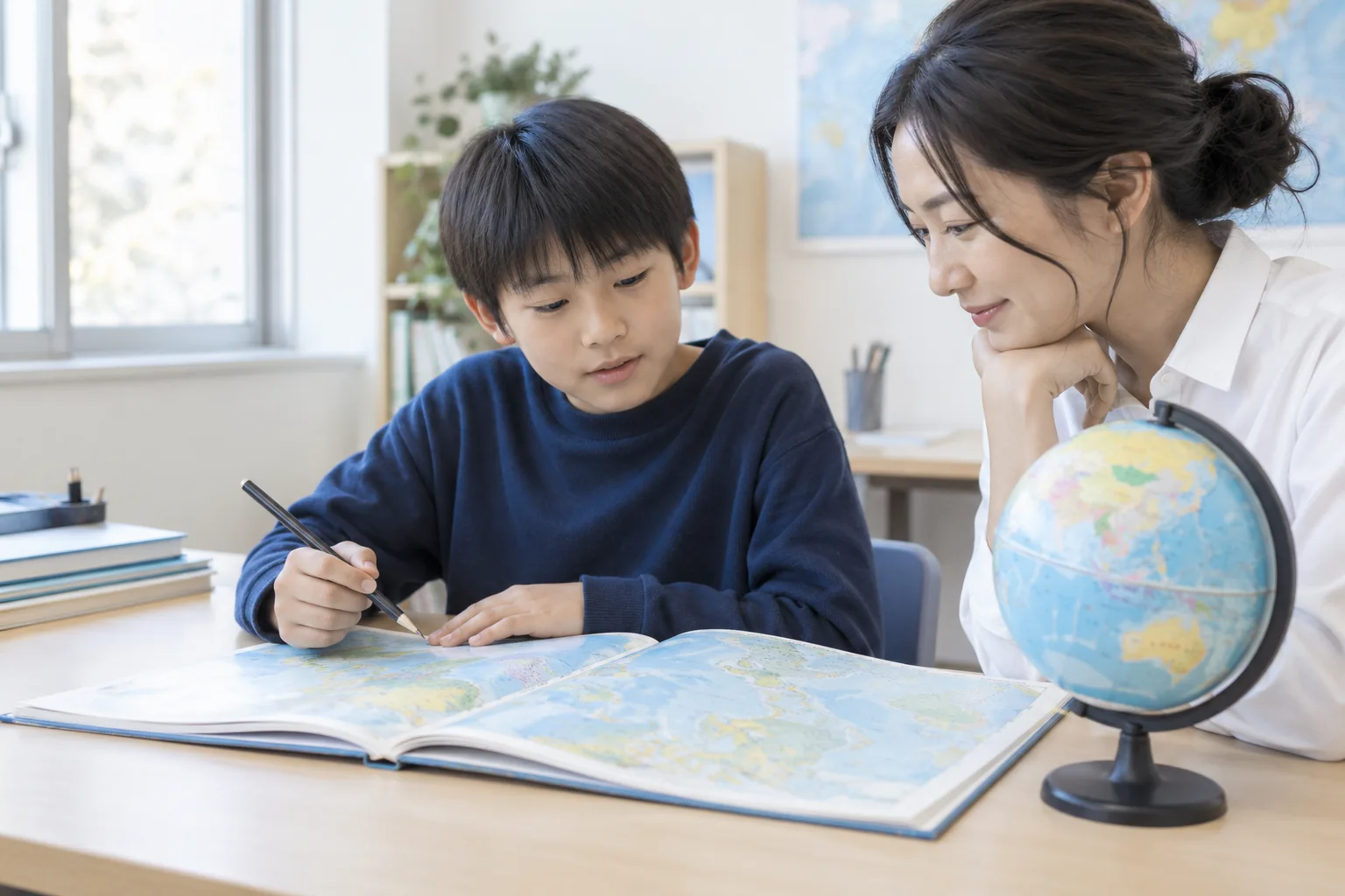 地図帳と地球儀を見ながら講師と学ぶ小学生の社会学習イメージ