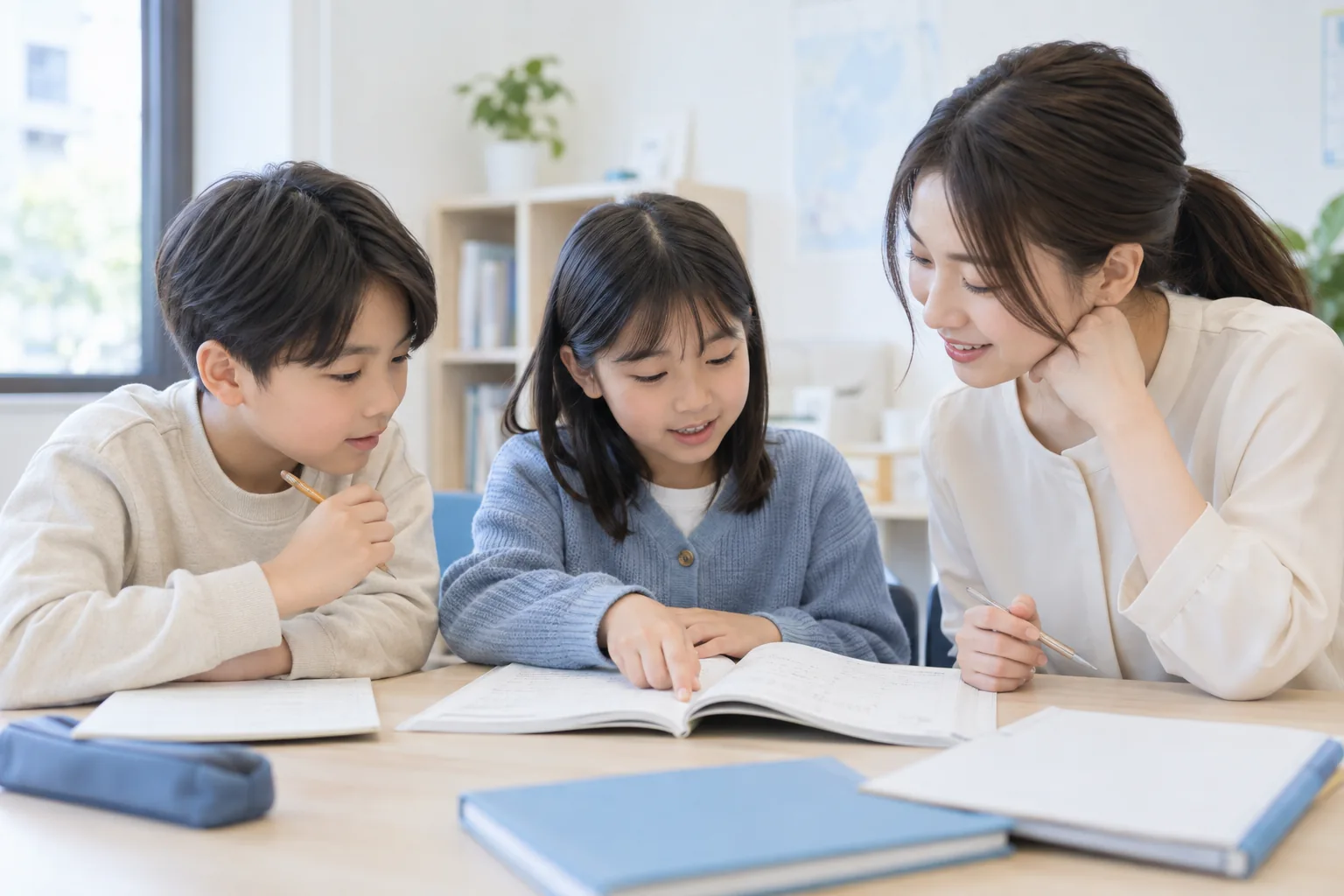 教材を囲んで学びを深める小学生たちと講師のイメージ