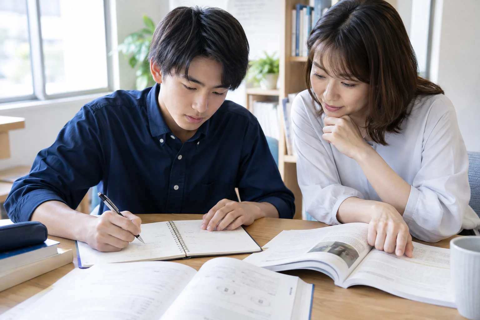 学校の教材と学習計画を、講師と一緒に確認する高校生