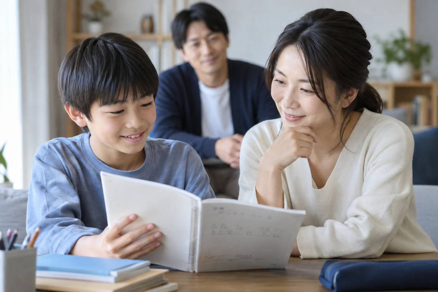自分のノートを講師に見せる子どもと、そばで見守る保護者
