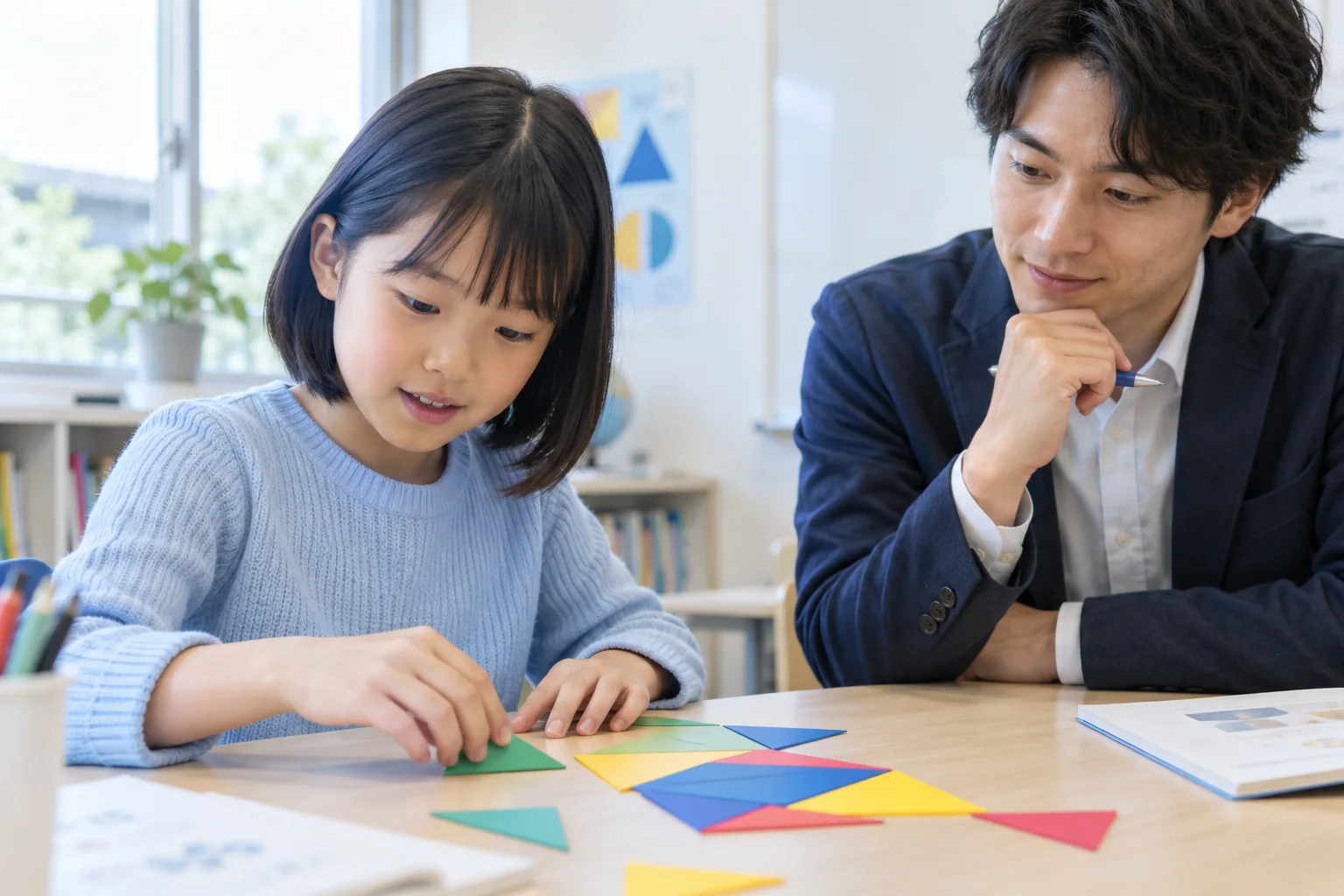 机の上で図形の紙を組み合わせ、形の関係を考える小学４年生
