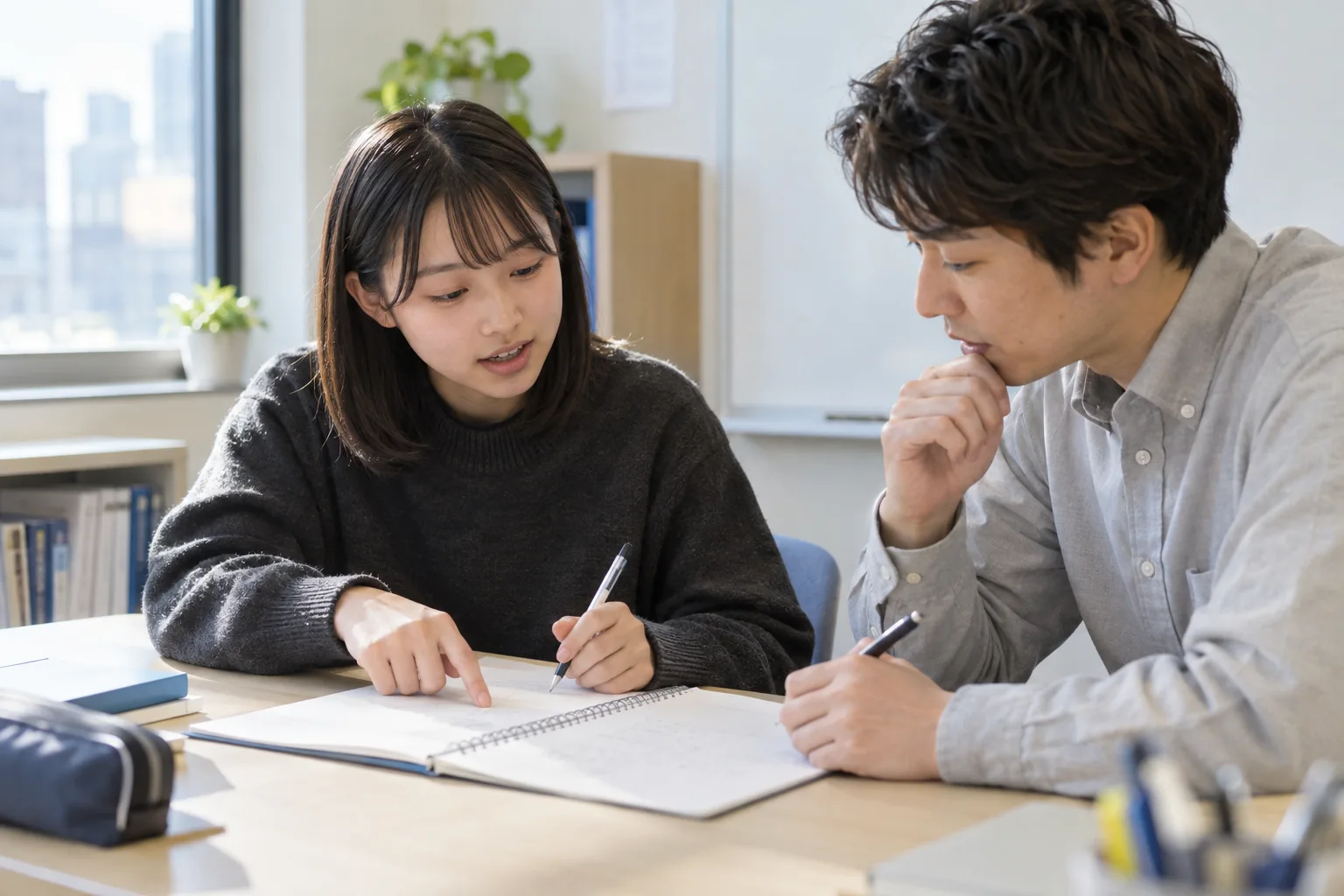 自分の考え方を講師に説明しながら、ノートで理解を確かめる中学生