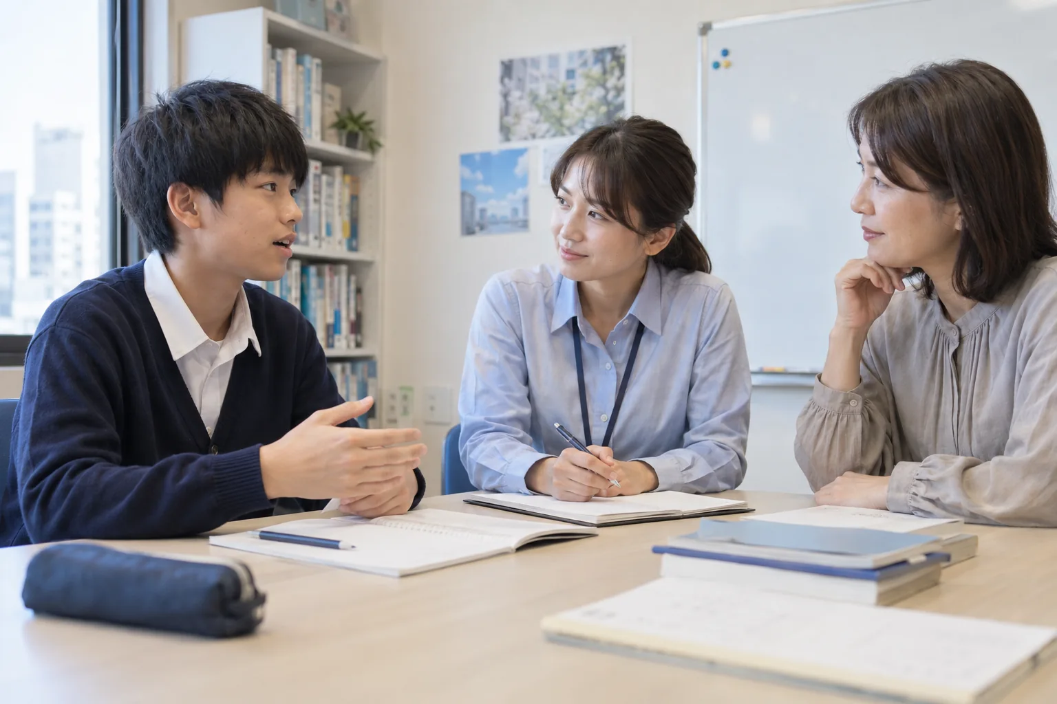 生徒本人と保護者の希望を聞きながら、学習計画を相談する講師