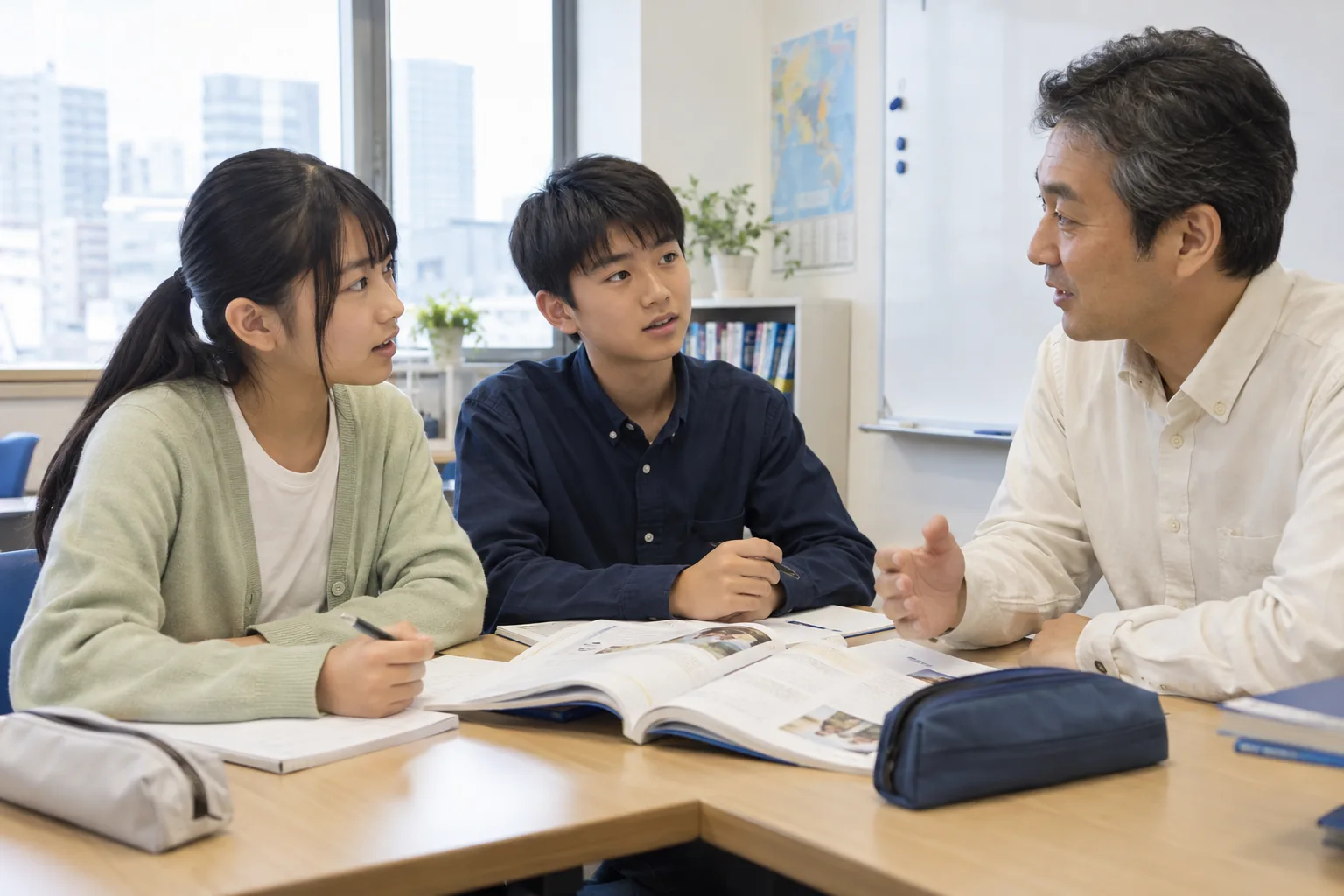 英語の教材を囲み、講師とのやり取りに取り組む中学生たち