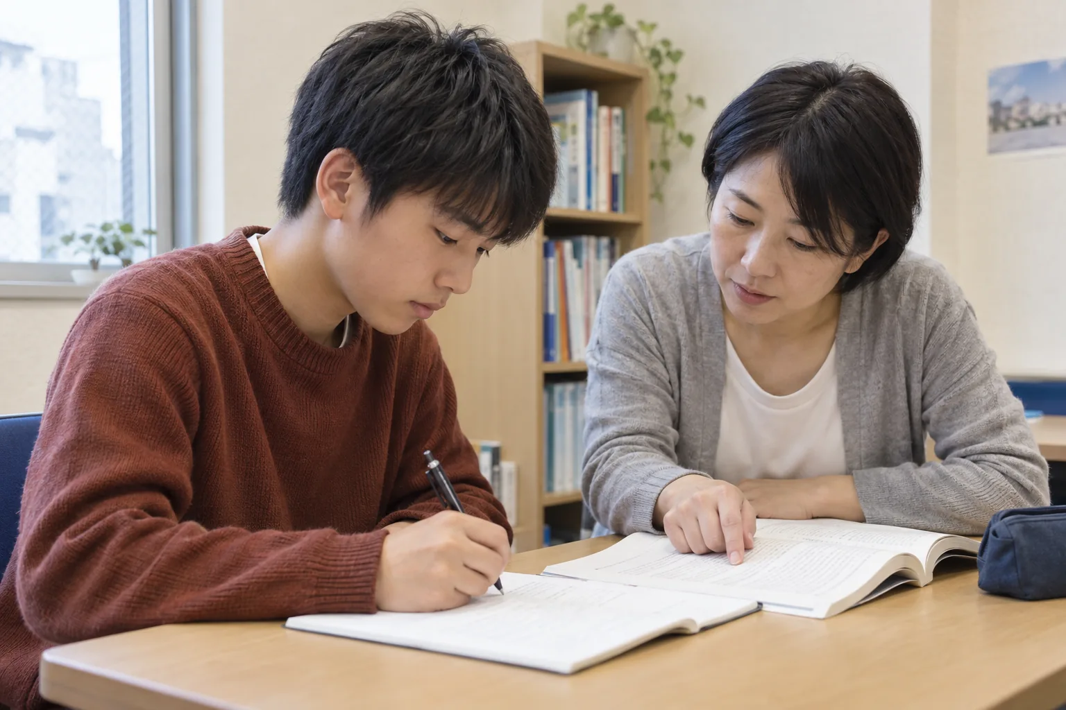 国語の文章を読み、ノートで考えを整理する中学生と講師
