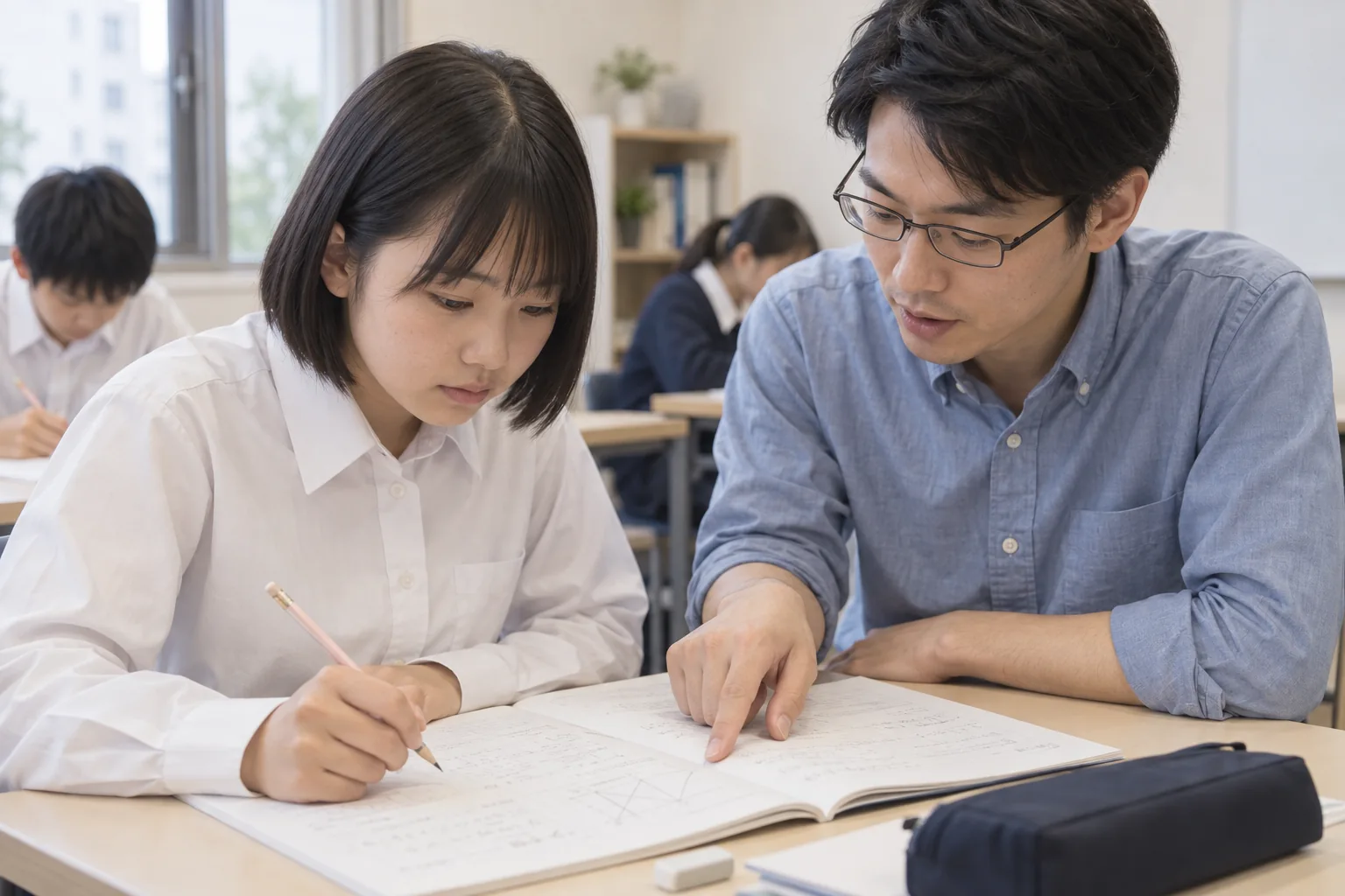 数学の教材を開き、考え方を講師と確かめる中学生
