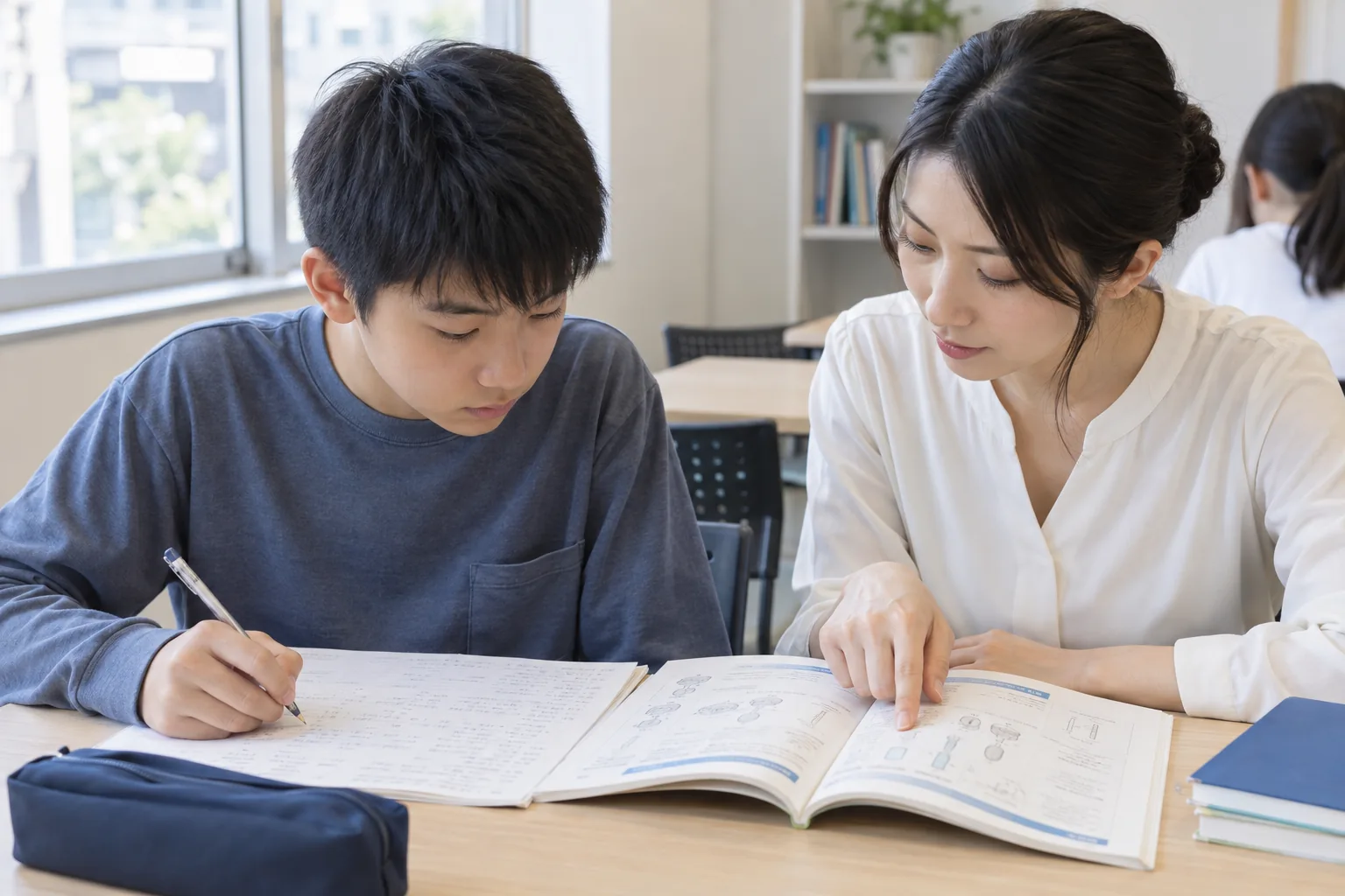 理科の実験図が載った教材とノートを講師と確認する中学生