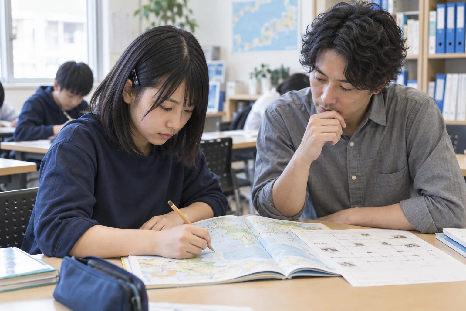 地図帳と学校の資料を使い、講師と関係を整理する中学生