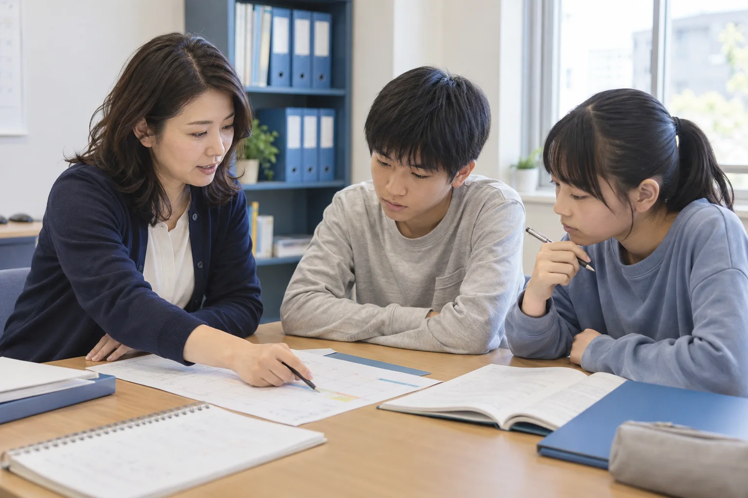 教材とノートを広げ、次のテストへの学習を講師と相談する中学生たち