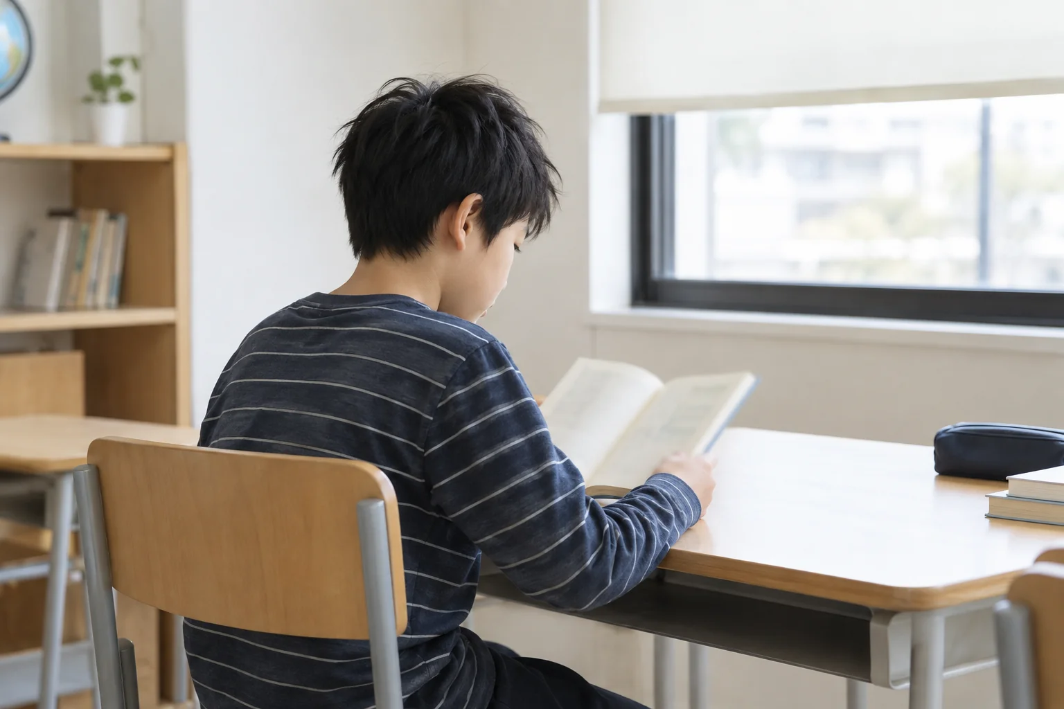 窓辺で本を開き、自分のペースで学ぶ子ども（AI生成の学習イメージ）