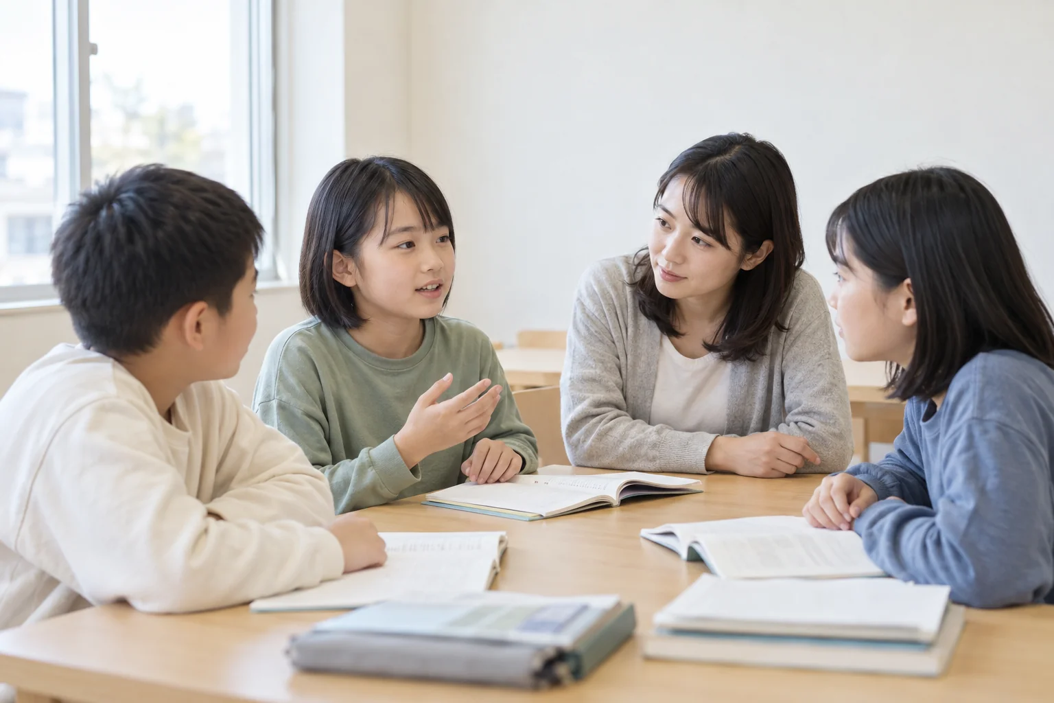 少人数の授業で考えを説明する子どもたち（AI生成の学習イメージ）