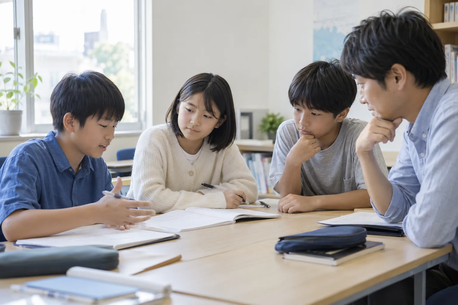 自分の考えを説明する子どもと、耳を傾ける講師・仲間のイメージ