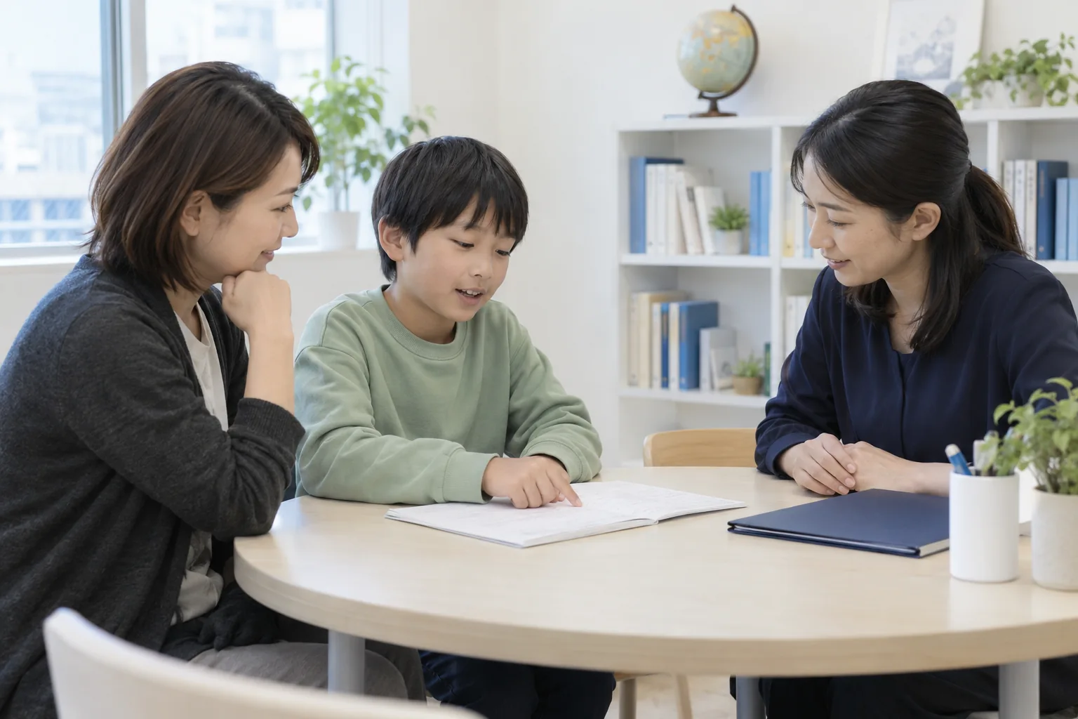 保護者と子どもが講師と学習の進め方を相談する面談のイメージ