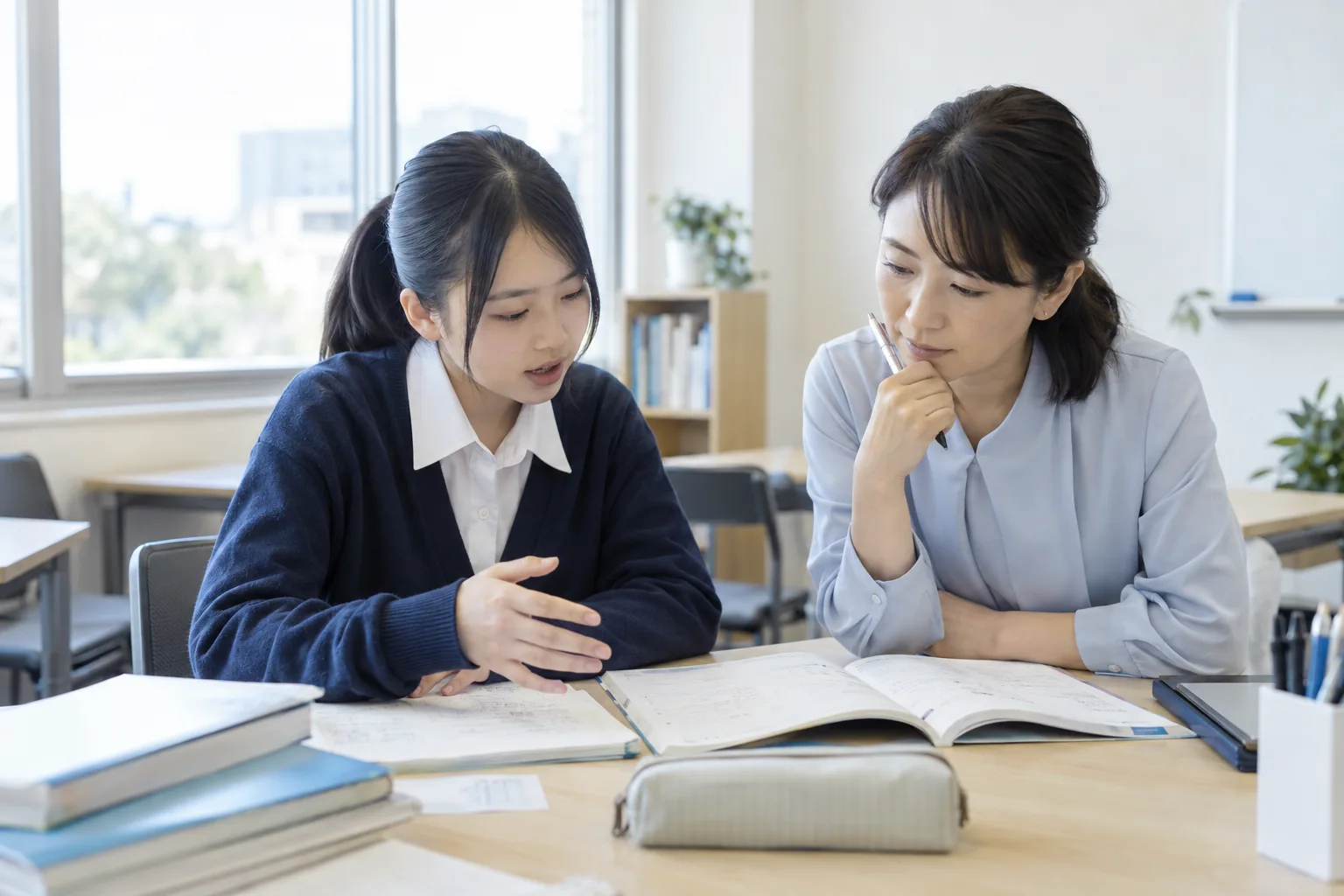 教材とノートを使って、考え方を講師と確かめる高校生