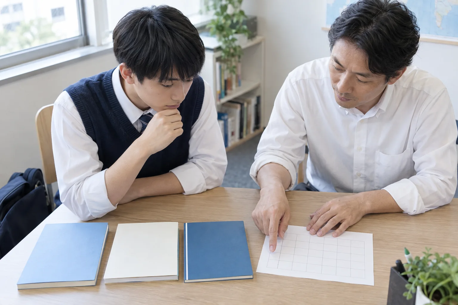 複数の教材と学習計画を見比べ、取り組む順番を講師と整理する高校生