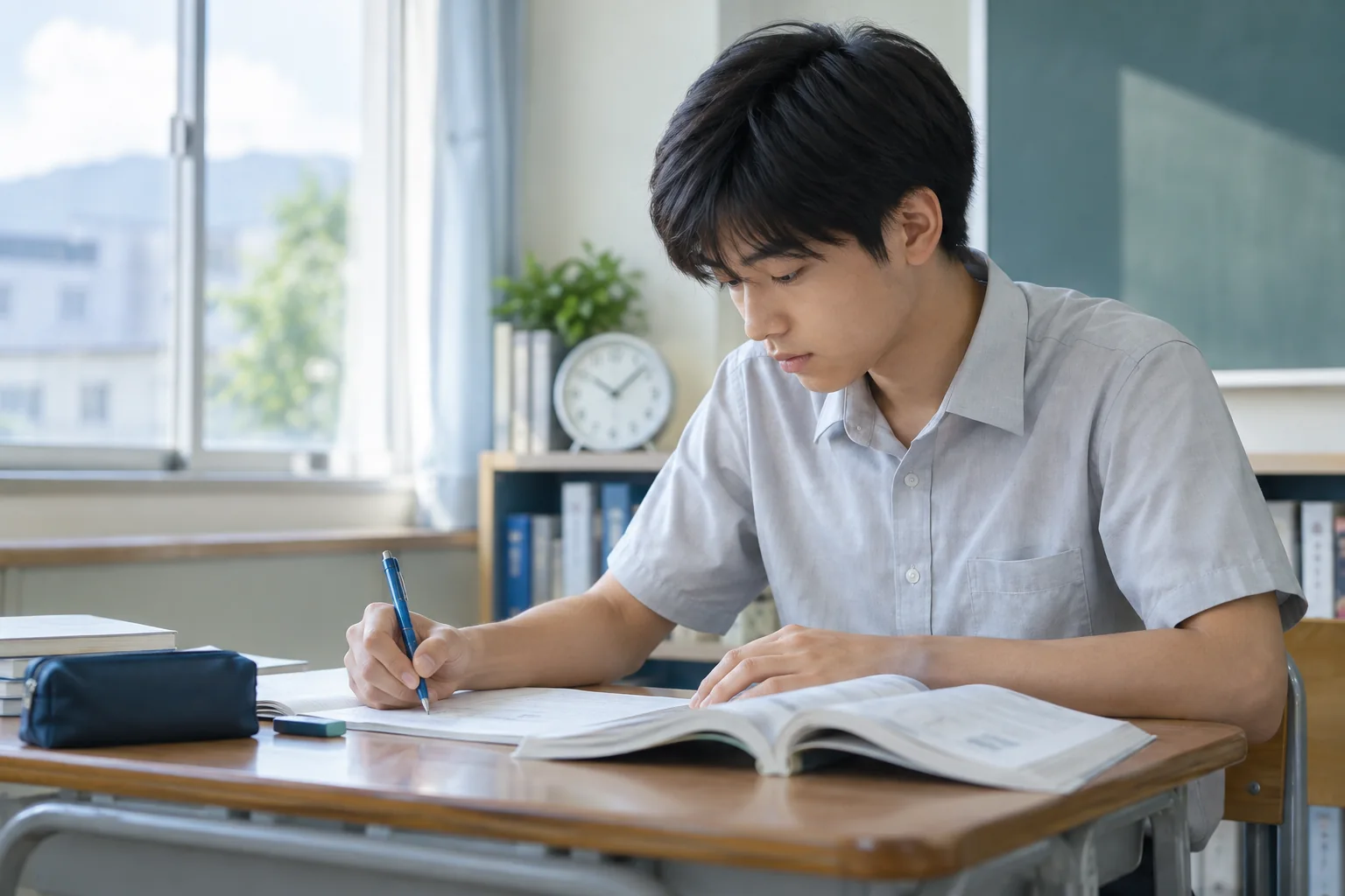 机で問題演習に集中し、自分で解答を組み立てる高校生