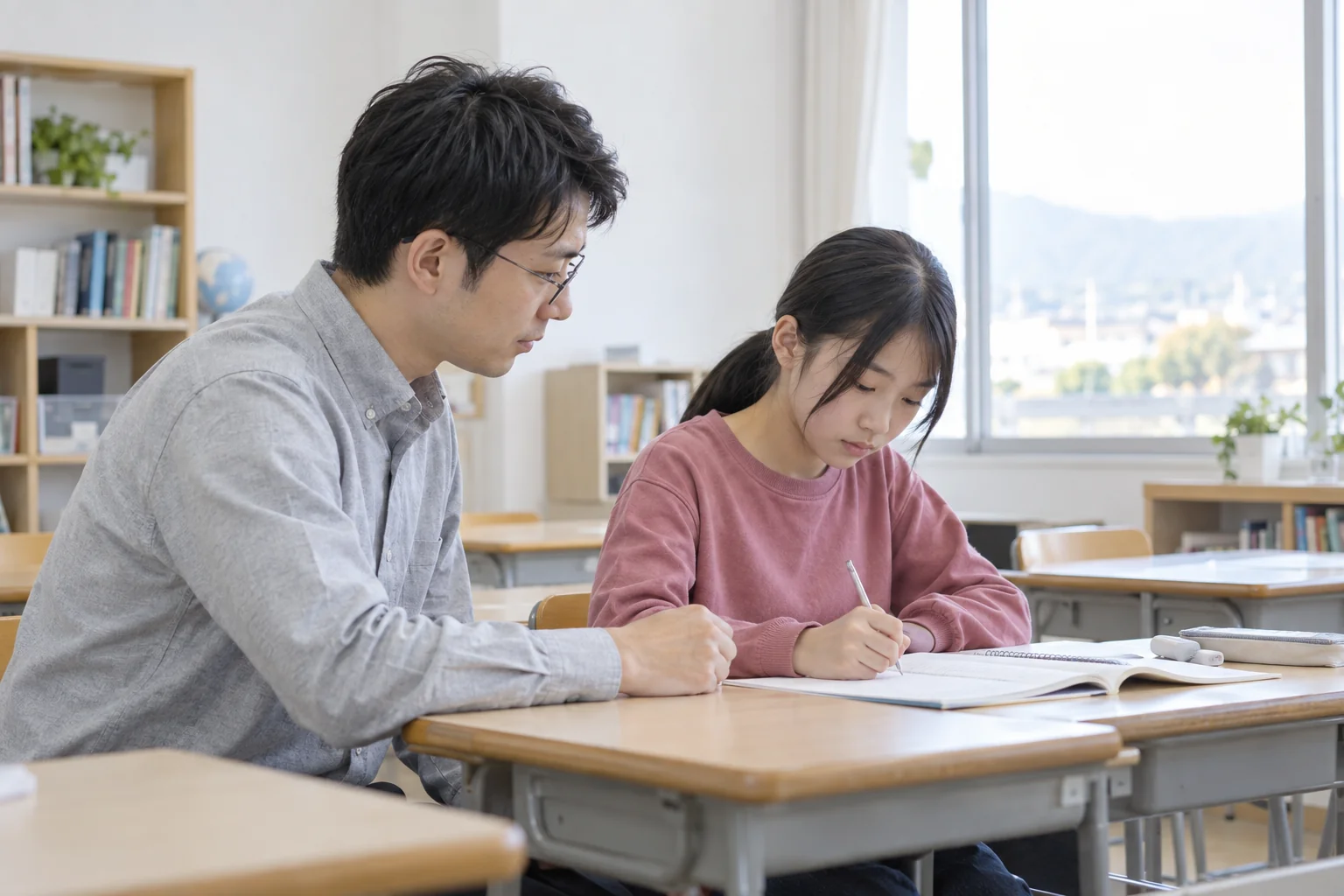 先生がそばで見守りながら演習に取り組む様子（AI生成の学習イメージ）