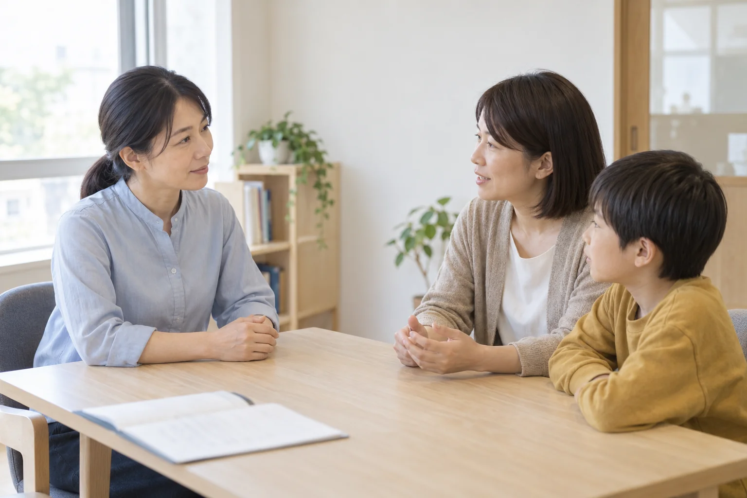 先生と保護者、お子さまが学習について話し合う様子（AI生成の学習イメージ）