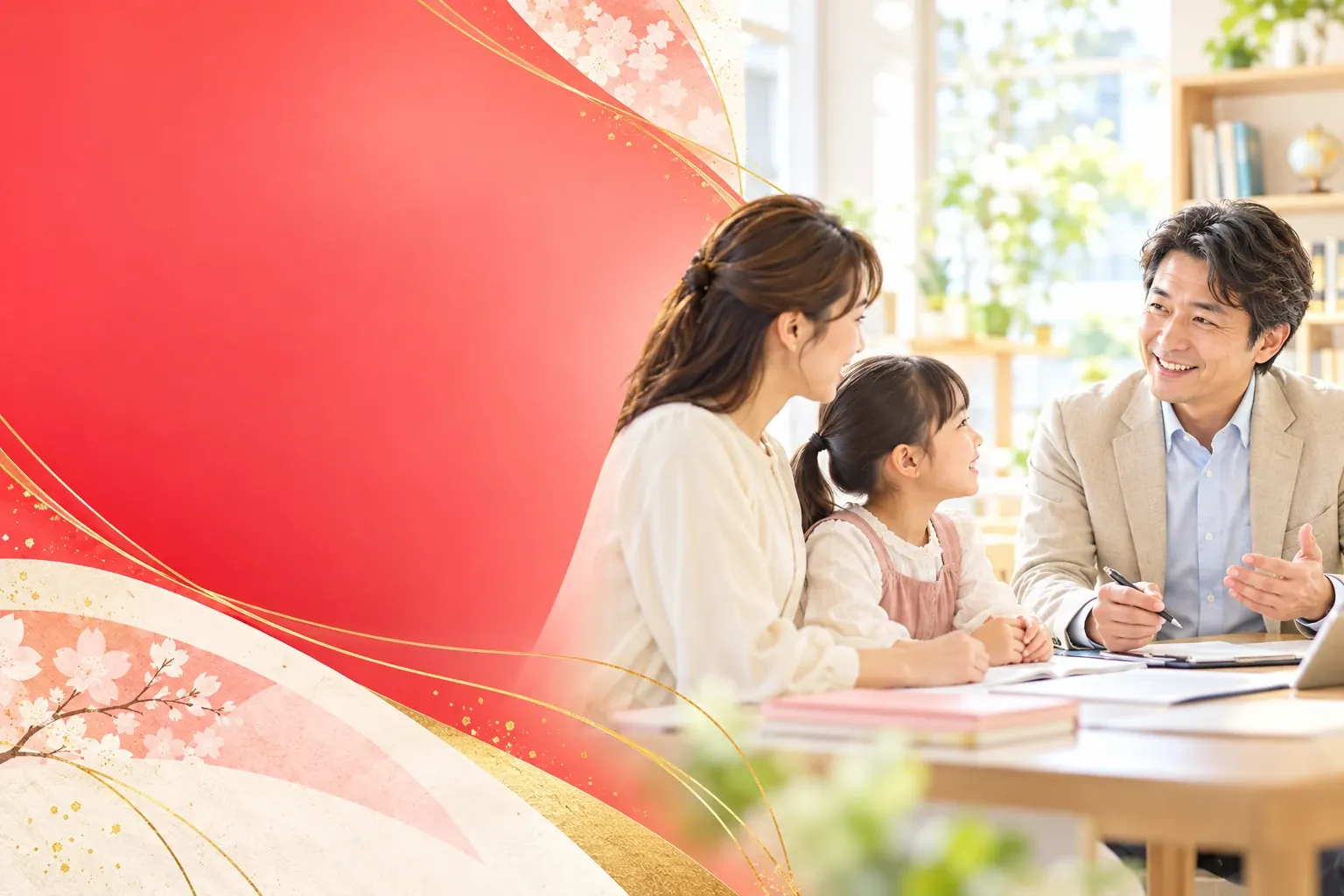講師と親子が笑顔で学習相談をするイメージ