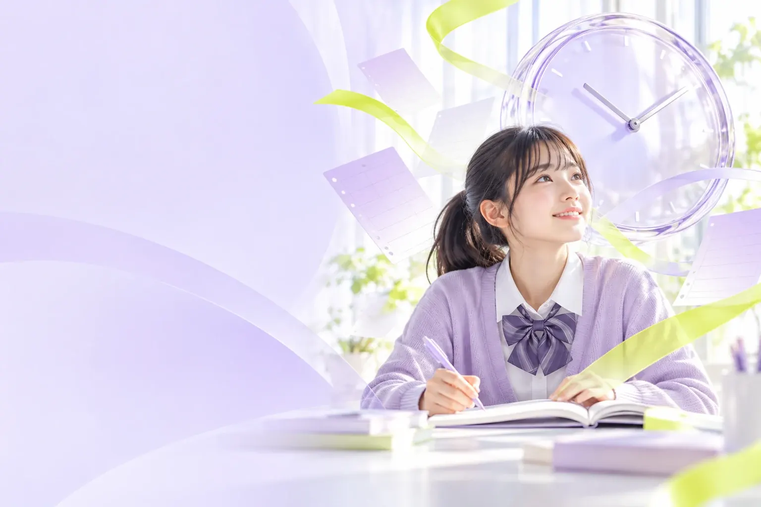 明るい空間で自学自習に取り組む高校生と、時間の設計を表す時計のイメージ